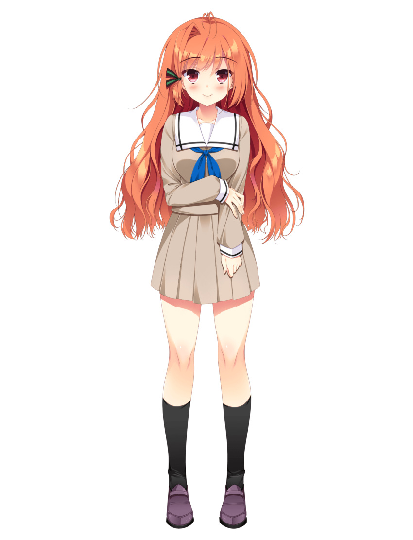 1girl, antenna_hair, arm_under_breasts, black_socks, blue_neckerchief, blush, brown_serafuku, brown_shirt