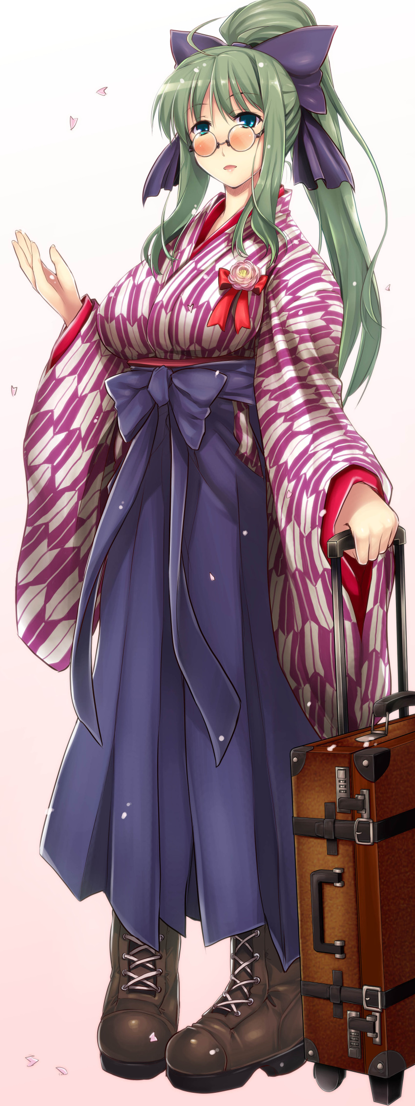 blue_eyes, blush, boots, bow, flower, glasses, green_hair, hair_bow, hakama, highres, japanese_clothes, kimono, original, ouma_toki-ichi, ouma_tokiichi, ponytail, solo, suitcase, yagasuri