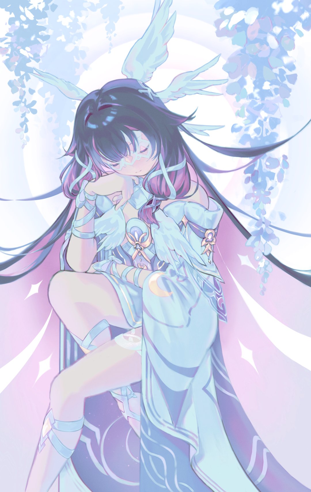 1girl, bare_shoulders, black_hair, closed_eyes, colored_inner_hair, columbina_(genshin_impact), dress, eye_mask