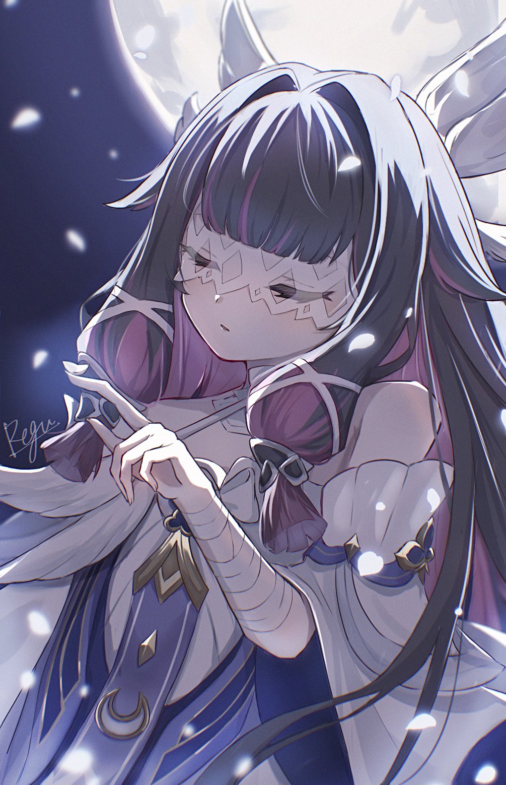 1girl, bandaged_arm, bandages, bare_shoulders, black_hair, closed_eyes, columbina_(genshin_impact), dress, eye_mask, falling_petals, feathered_wings, genshin_impact, hair_intakes, head_wings, highres, long_hair, moon, multicolored_hair, off-shoulder_dress, off_shoulder, petals, pink_hair, reg_ch3, sidelocks, solo, two-tone_hair, upper_body, white_dress, white_petals, white_wings, wings