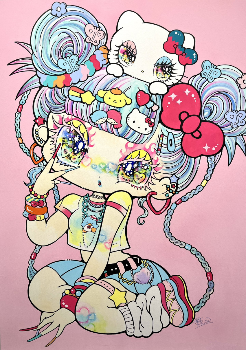 1girl, bow, braid, butterfly_hair_ornament, character_hair_ornament, decora, double_bun, furry