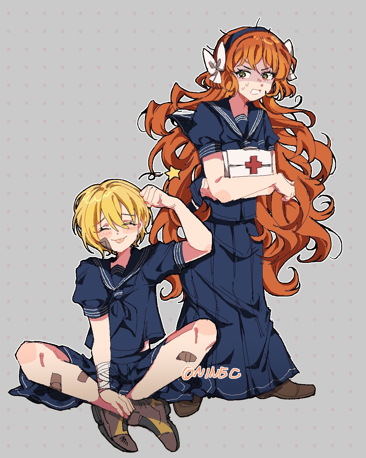 2girls, bandaid, bandaid_on_cheek, bandaid_on_face, bandaid_on_leg, blonde_hair, blue_shirt, blue_skirt