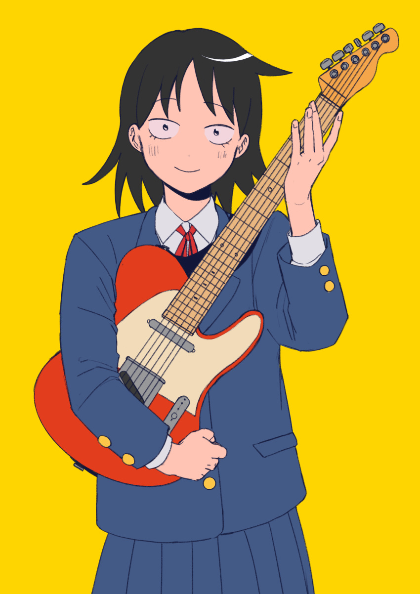 1girl, absurdres, black_eyes, black_hair, blazer, blue_jacket, blue_skirt, blush