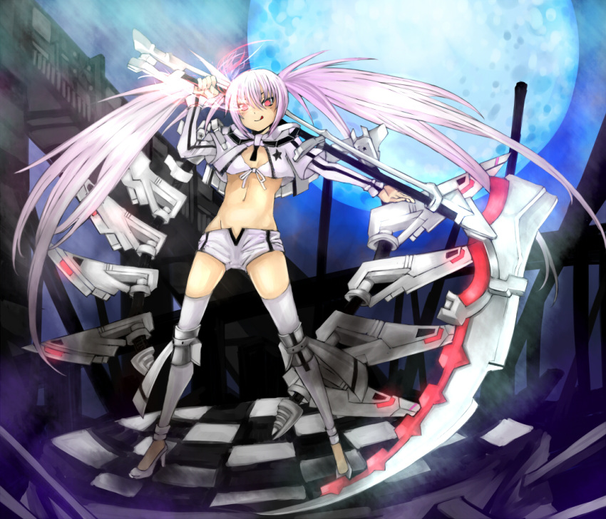 black_rock_shooter, black_rock_shooter_(game), eiji_(eiji), red_eyes, scythe, shorts, thigh-highs, thighhighs