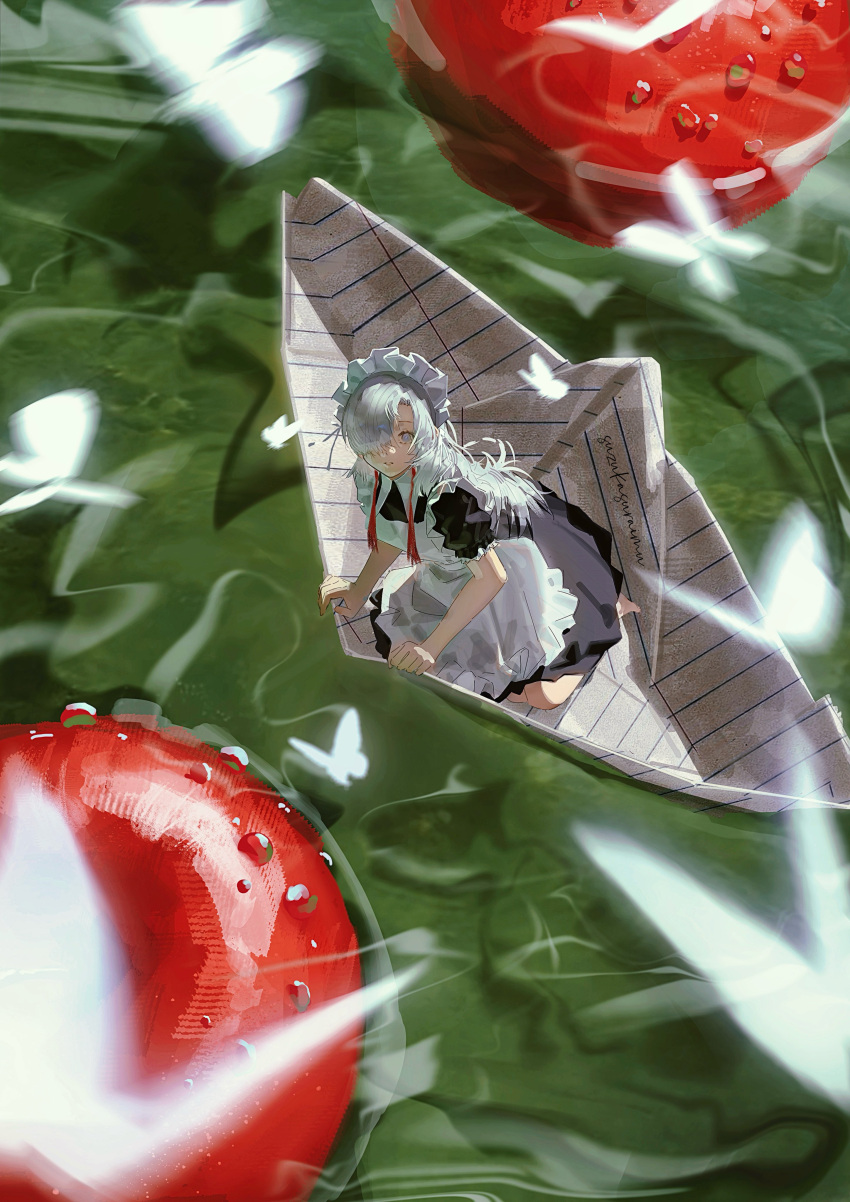 1girl, absurdres, apron, barefoot, black_dress, bug, butterfly, caustics