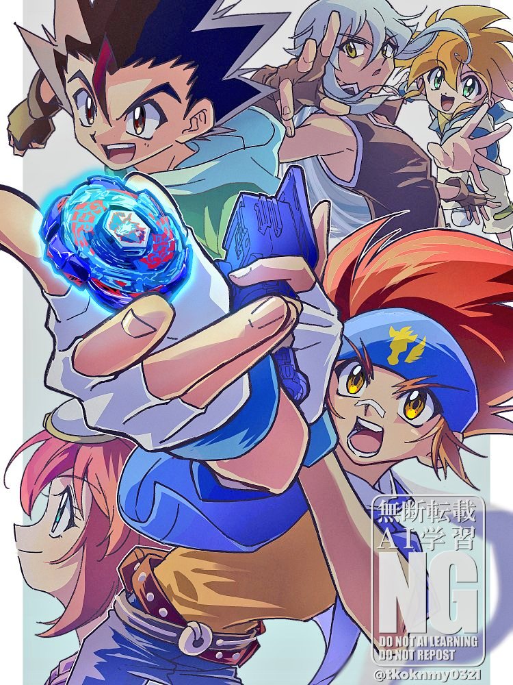 1girl, 4boys, amano_madoka, beyblade, beyblade_(object), blonde_hair, blue_headband, blue_vest