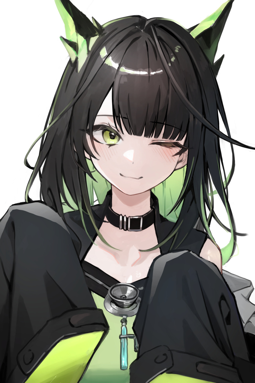 1girl, ;), absurdres, arknights, black_collar, black_hair, blush, closed_mouth