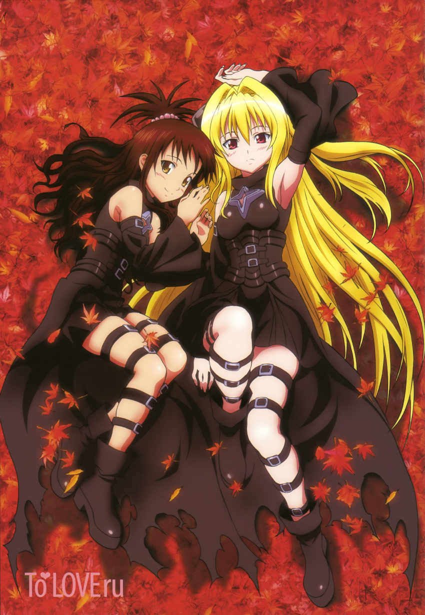 absurdres, blonde_hair, blush, boots, brown_hair, cosplay, detached_sleeves, high_ponytail