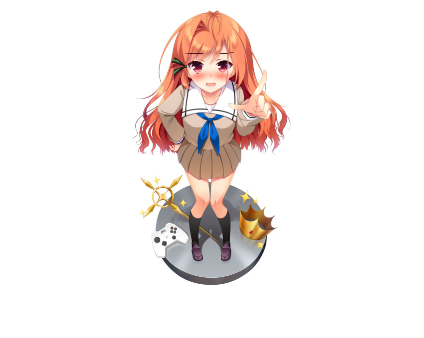 1girl, antenna_hair, black_socks, blue_neckerchief, blush, brown_serafuku, brown_shirt, brown_skirt