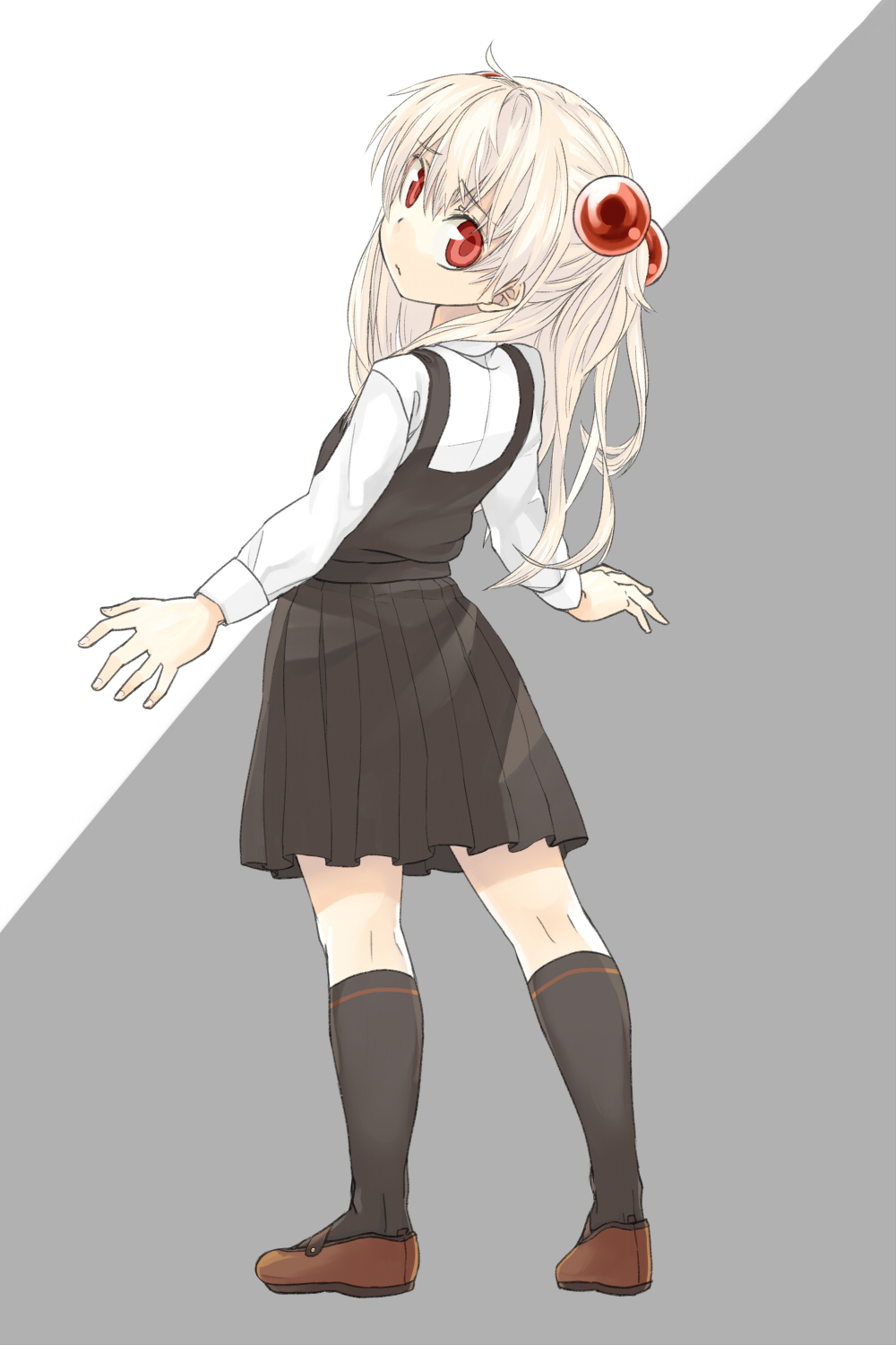 blonde_hair, hair_bobbles, hair_ornament, highres, kiwa_(a-bell-abi), kneehighs, long_hair, looking_back
