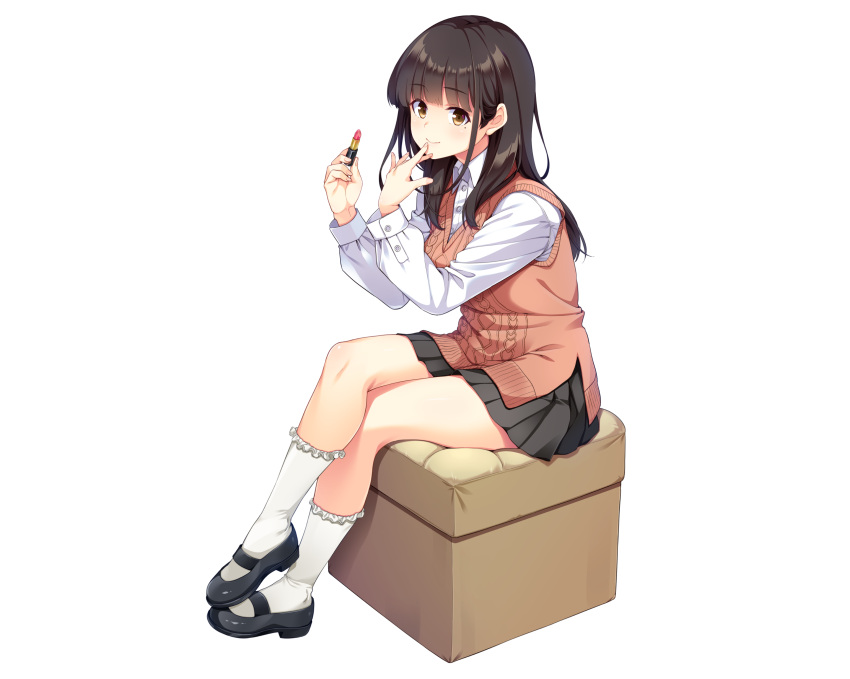 1girl, aizawa_yukari, applying_makeup, arms_up, black_hair, black_shoes, black_skirt, blunt_bangs