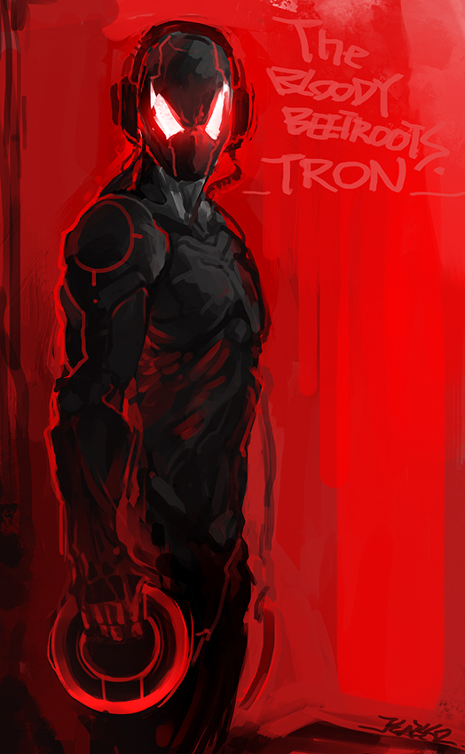 chakram, crossover, disc_(tron), glowing, glowing_eyes, headphones, identity_disc, kazeco, male, marvel, neon_trim, red, red_background, solo, spider-man, spider-man_(series), the_bloody_beetroots, title_drop, tron, tron_legacy, venom_(marvel), weapon