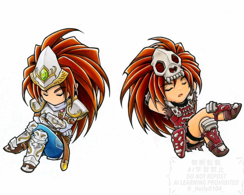armor, armored_boots, arms_behind_head, blue_pants, boots, brown_hair, chibi, chibi_only