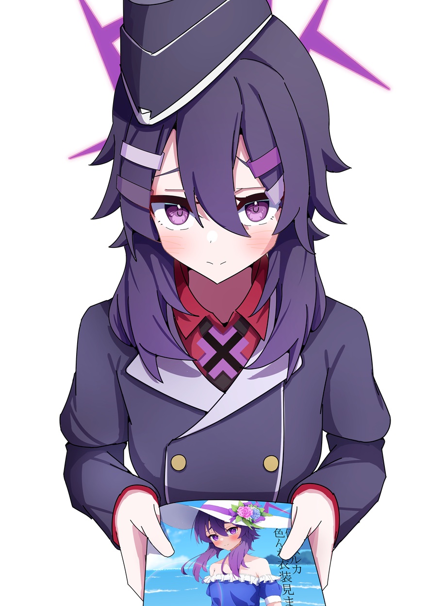 1girl, black_jacket, black_necktie, blue_archive, blush, book, double-parted_bangs, garrison_cap