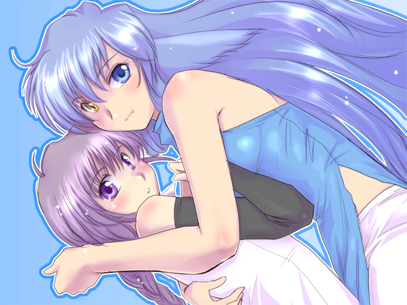 2boys, animal_ears, bare_shoulders, blue_hair, blush, braid, detached_sleeves, fang