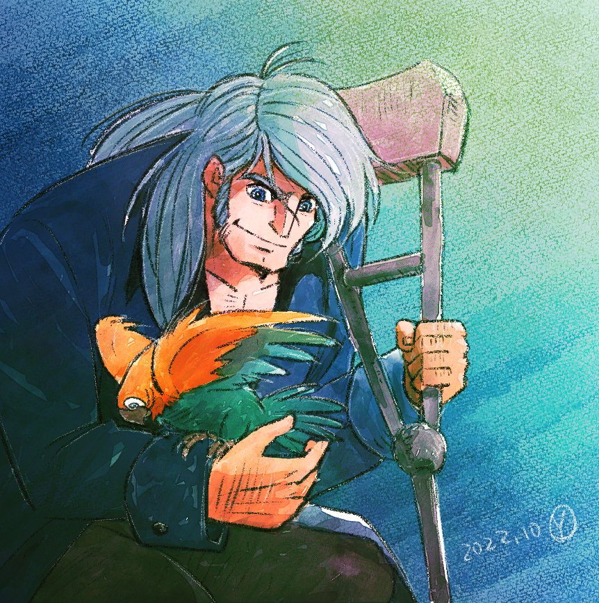 animal_on_arm, bird, bird_on_arm, black_pants, blue_background, blue_eyes, blue_hair, blue_shirt, captain_flint, commentary, crutch, dated, long_hair, long_john_silver, looking_at_animal, male_focus, mature_male, pants, parrot, sakai_yume, shirt, sideburns, signature, sleeve_cuffs, treasure_island