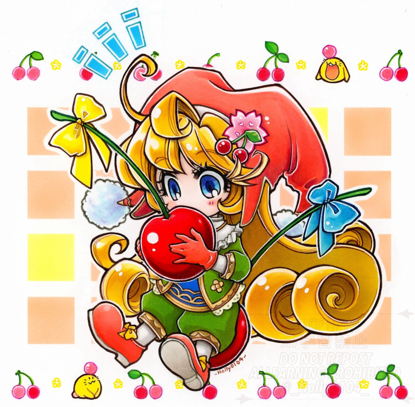 1girl, ahoge, artist_name, blonde_hair, blue_bow, blue_eyes, bow, charlotte_(seiken_densetsu_3)