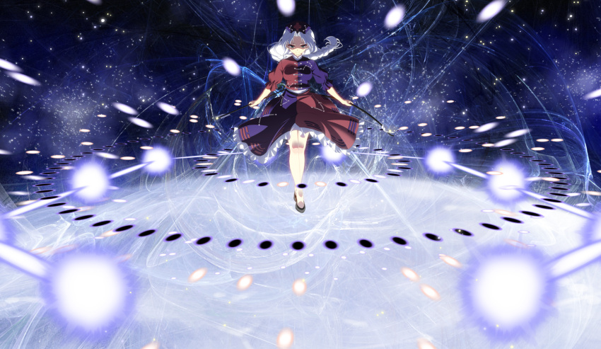 arrow, bow_(weapon), braid, danmaku, dress, green_eyes, hat, highres, hyouju_issei, long_hair, nurse_cap, silver_hair, solo, touhou, tsukiyo-b, weapon, yagokoro_eirin
