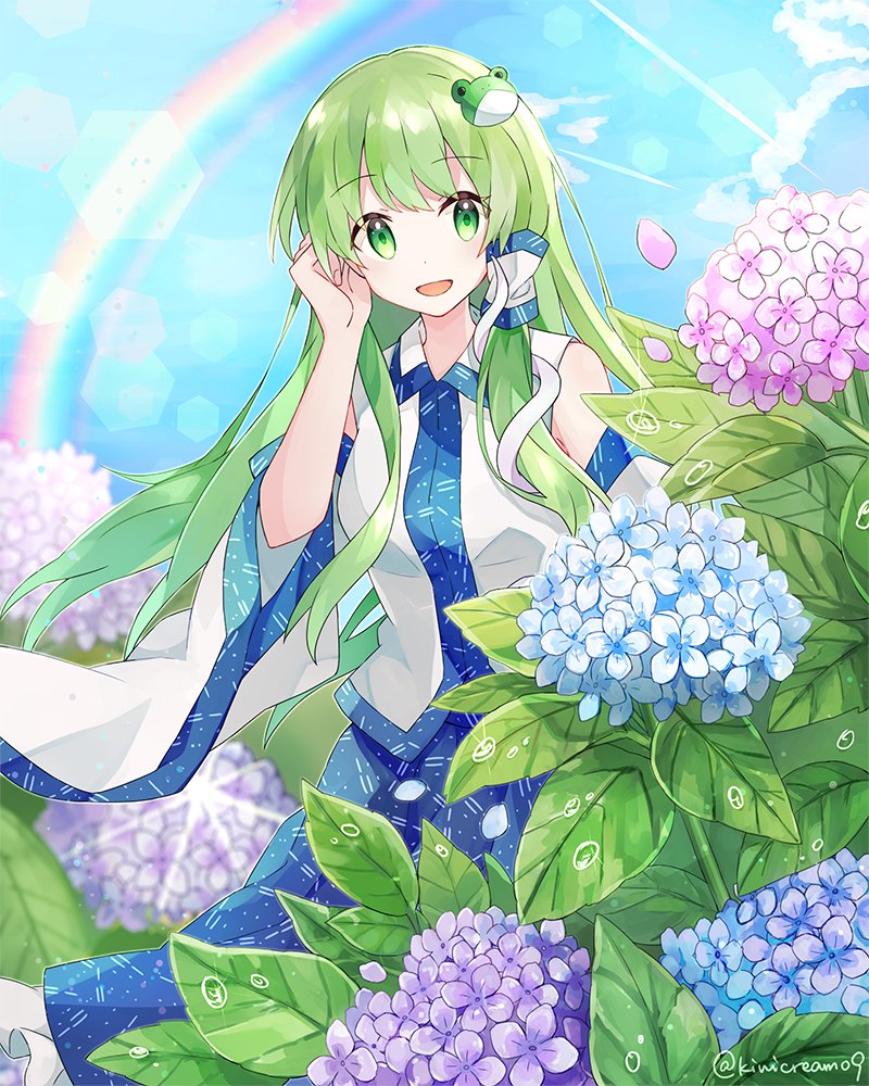 1girl, allium_(flower), blue_flower, blue_skirt, blue_sky, clouds, detached_sleeves, dew_drop