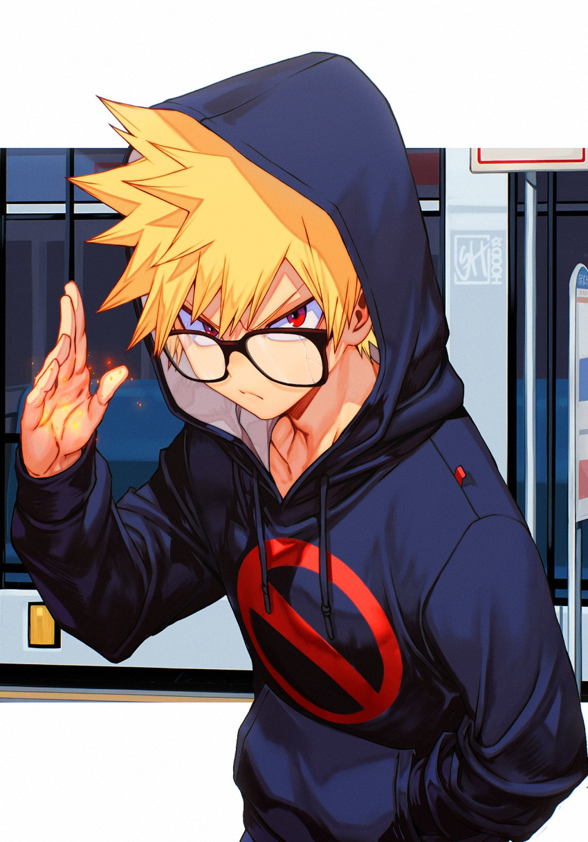 1boy, bakugou_katsuki, black_hoodie, blonde_hair, boku_no_hero_academia, border, frown, furrowed_brow