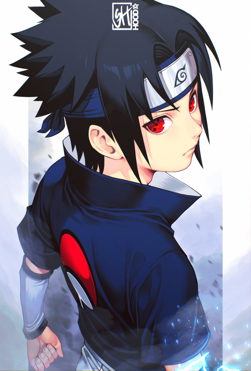 1boy, black_hair, black_shirt, border, closed_mouth, detached_sleeves, from_above, frown