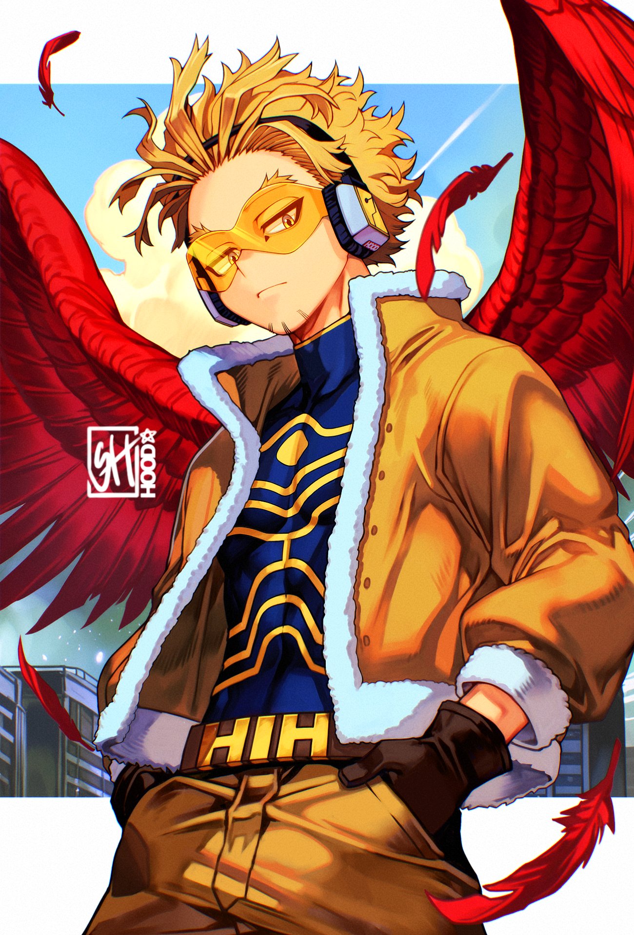 1boy, black_gloves, blonde_hair, blue_shirt, boku_no_hero_academia, border, closed_mouth, cowboy_shot