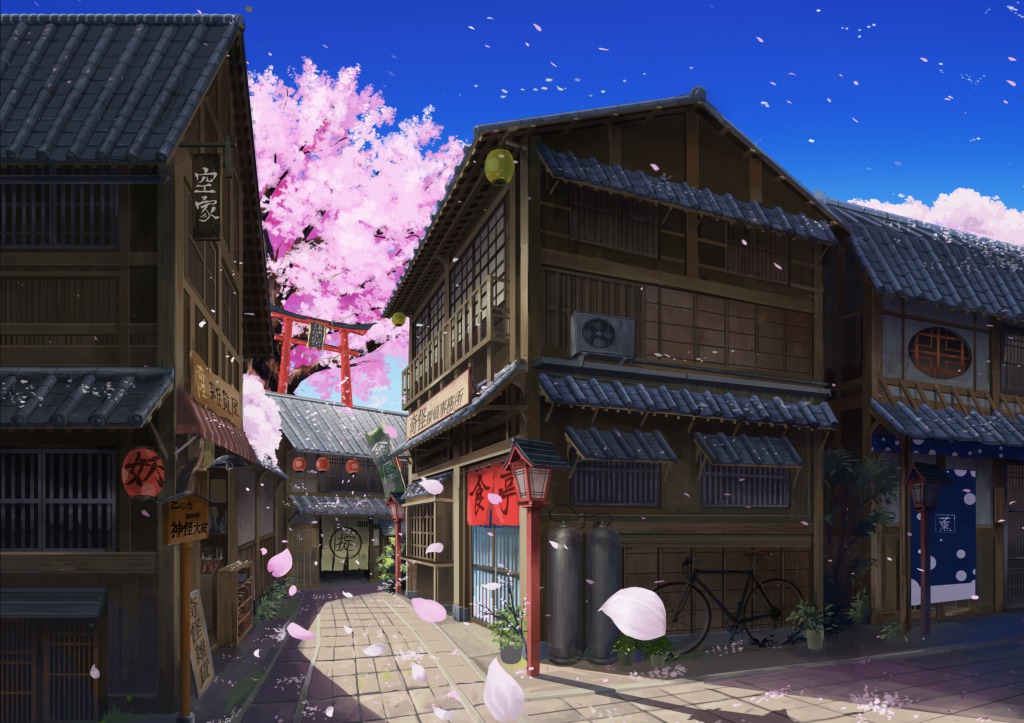 architecture, awning, balcony, bicycle, blue_sky, building, cherry_blossoms, commentary_request, condenser_unit, day, east_asian_architecture, falling_petals, lamppost, lantern, mikannokawa7008, no_humans, original, outdoors, paper_lantern, petals, scenery, sign, sky, torii, tree