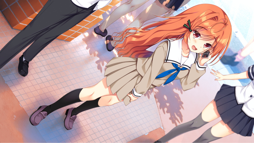 1boy, 3girls, :d, antenna_hair, black_socks, blue_neckerchief, blurry, blush