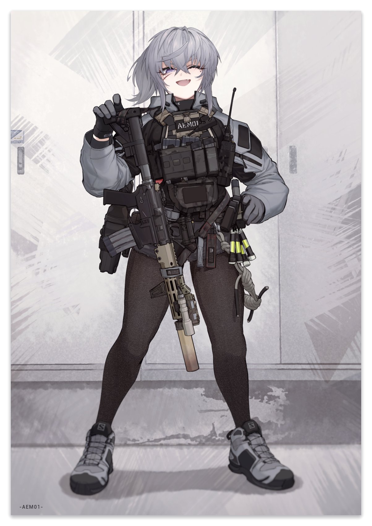 1girl, alma01, ammunition_pouch, ar-15, arm_pouch, armor, artist_name, assault_rifle