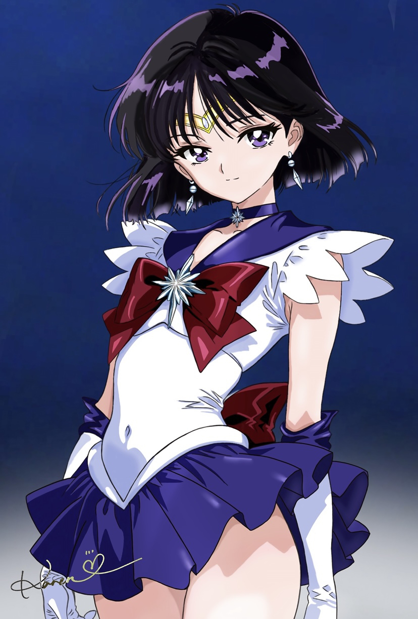 1girl, arms_at_sides, artist_name, back_bow, bishoujo_senshi_sailor_moon, black_hair, blue_background, bow, brooch, choker, circlet, closed_mouth, covered_navel, cowboy_shot, earrings, elbow_gloves, gloves, gradient_background, highres, jewelry, karenpi0717, legs_together, looking_at_viewer, magical_girl, pleated_skirt, purple_choker, purple_sailor_collar, purple_skirt, purple_theme, red_bow, sailor_collar, sailor_saturn, sailor_senshi_uniform, short_hair, signature, skirt, smile, solo, standing, star_(symbol), star_brooch, star_choker, tomoe_hotaru, violet_eyes, white_gloves