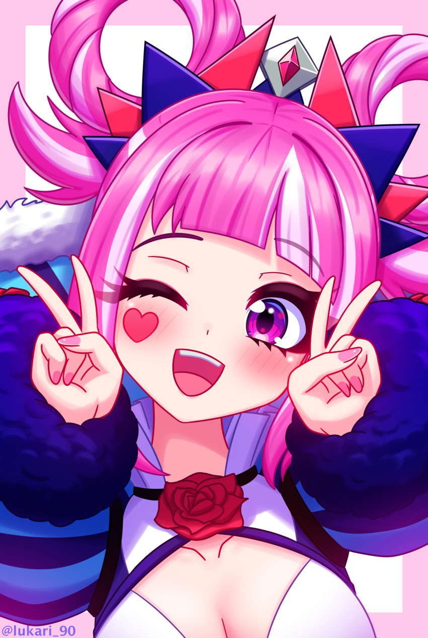 1girl, ;d, absurdres, blunt_bangs, breasts, double_v, dress, facial_mark, fire_emblem, fire_emblem_engage, folded_twintails, fur_wrist_cuffs, hair_flaps, hair_rings, heart, heart_facial_mark, highres, hortensia_(fire_emblem), looking_at_viewer, lukari, medium_breasts, multicolored_hair, nail_polish, one_eye_closed, open_mouth, pink_eyes, pink_hair, pink_nails, sidelocks, smile, solo, striped_clothes, striped_dress, twintails, two-tone_hair, v, vertical-striped_clothes, wrist_cuffs