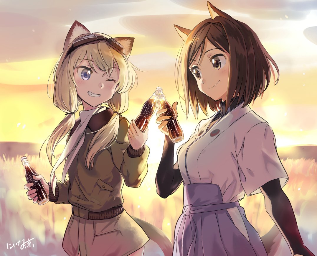 2girls, animal_ears, belt, blonde_hair, bottle, brown_eyes, brown_hair, carla_j._luksic