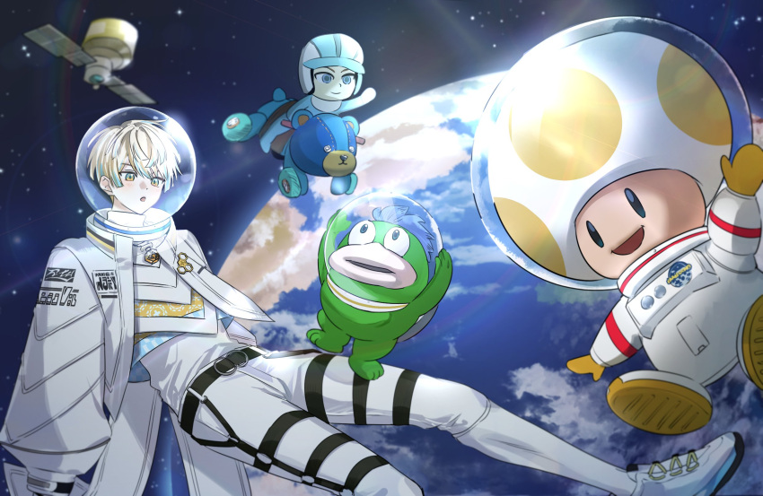 3boys, :d, :o, belt, belt_buckle, black_belt, black_eyes, blonde_hair, blue_eyes, blue_hair, blue_shirt, buckle, commentary, earth_(planet), gloves, hair_between_eyes, helmet, hibachi_mana, hibachi_mana_(1st_costume), highres, jacket, jing_(0r1_4), long_sleeves, male_focus, mario_kart, mario_kart_8, mii_(nintendo), multicolored_eyes, multicolored_hair, multicolored_shirt, multiple_boys, nijisanji, open_clothes, open_jacket, open_mouth, pants, planet, puffy_long_sleeves, puffy_sleeves, satellite, shirt, shoes, short_hair, sky, smile, solid_oval_eyes, space, space_helmet, spacesuit, spike_(mario), star_(sky), starry_sky, streaked_hair, super_mario_bros., symbol-only_commentary, teddy_buggy, toad_(mario), turtleneck, virtual_youtuber, white_jacket, white_pants, white_shirt, white_shoes, yellow_eyes, yellow_gloves, yellow_shirt, yellow_toad_(mario)