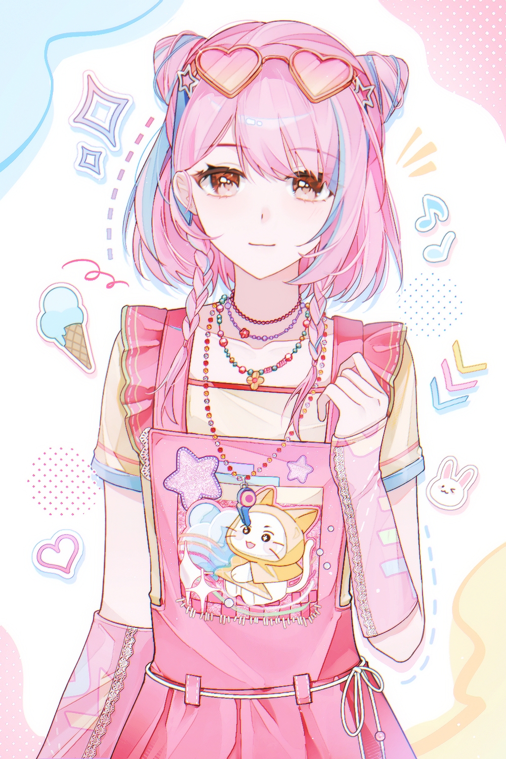 1girl, animal_print, bead_necklace, beads, blue_hair, braid, brown_eyes, cat_print