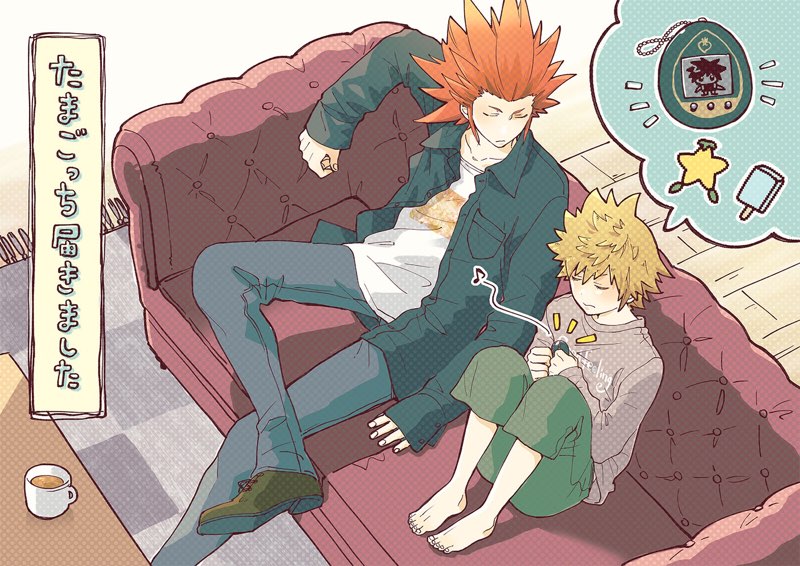 2boys, alternate_costume, axel_(kingdom_hearts), barefoot, black_jacket, black_shoes, blonde_hair, breasts