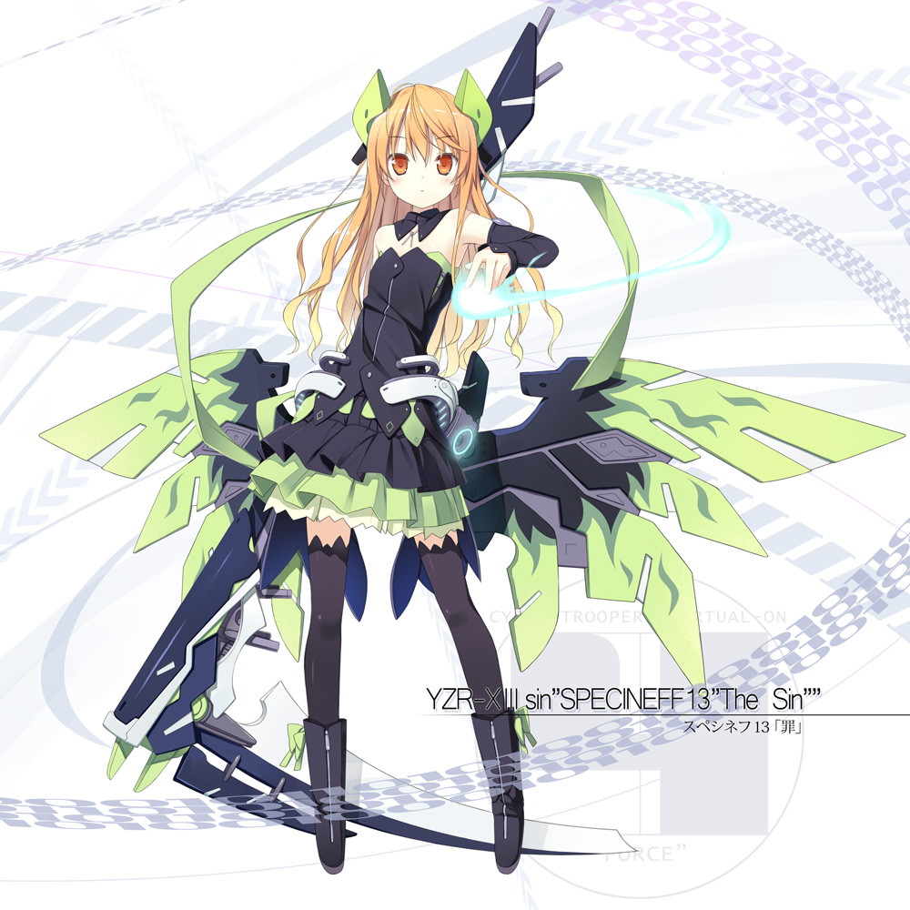 blonde_hair, detached_sleeves, long_hair, mecha_musume, orange_eyes, personification, poko, scythe, skirt, solo, specineff_(series), specineff_13_the_sin, thigh-highs, thighhighs, virtual_on