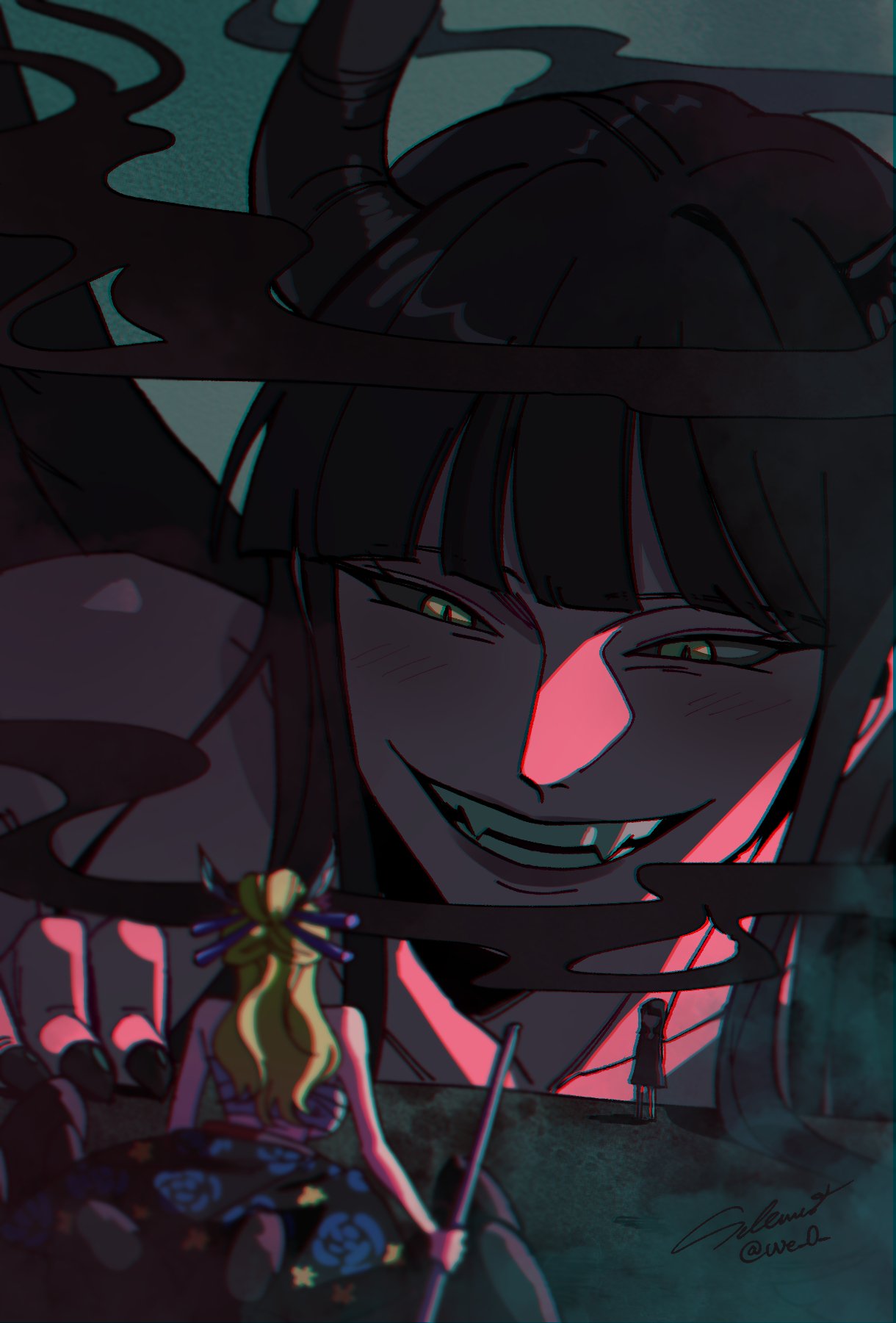2girls, black_horns, black_maria_(one_piece), demon_horns, evil_smile, giant, highres, horns