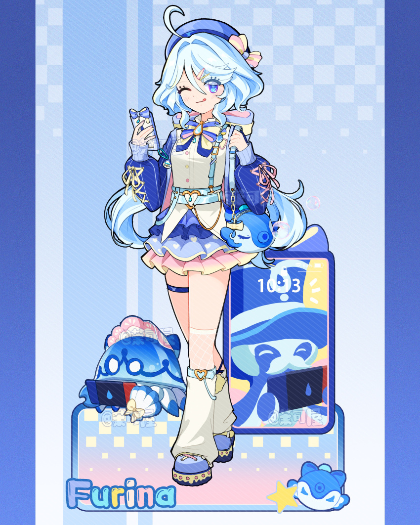 1girl, absurdres, ahoge, alternate_costume, artist_name, bag, belt, beret, blue_eyes, blue_hair, blue_nails, blue_skirt, bow, cellphone, child, cosplay, dafu_zhentan, drop-shaped_pupils, english_text, full_body, furina_(genshin_impact), furina_(genshin_impact)_(cosplay), genshin_impact, gentilhomme_usher, gloves, hair_between_eyes, hat, highres, holding, holding_phone, jacket, long_hair, long_sleeves, looking_at_viewer, mademoiselle_crabaletta, one_eye_closed, phone, shirt, skirt, smartphone, smile, socks, solo, standing, surintendante_chevalmarin, symbol-shaped_pupils, tongue, tongue_out, twintails, white_hair