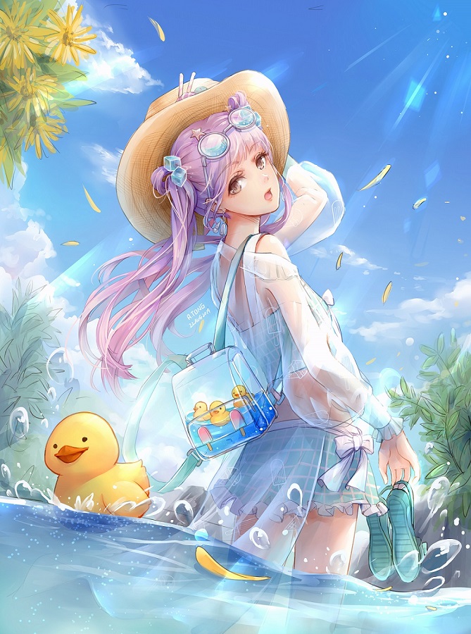 1girl, a.tong, animal_print, aqua_bikini, aqua_bow, aqua_sandals, aqua_skirt, backpack