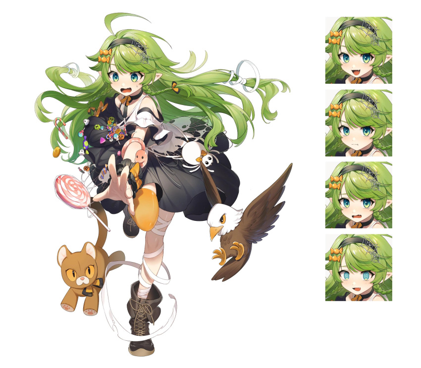 1girl, ahoge, aqua_eyes, bad_source, bag, bandaged_leg, bandages, benghuai_xueyuan, bird, blue_eyes, boots, bow, braid, candy, candy_hair_ornament, doll, dress, eagle, ebifurai_(15121299912), food, food-themed_hair_ornament, green_eyes, green_hair, hair_flaps, hair_ornament, hairband, highres, honkai_(series), lion, lollipop, long_hair, looking_at_viewer, multicolored_eyes, multiple_expressions, multiple_views, open_mouth, pointy_ears, pumpkin, shoulder_bag, simple_background, smile, spider_bag, stuffed_animal, stuffed_toy, twin_braids, white_background
