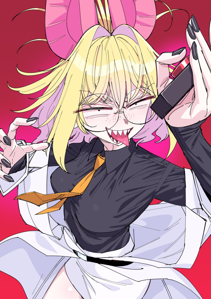 1girl, animal_ears, bat_ears, bat_girl, borrowed_character, breasts, freckles, glasses, hair_intakes, highres, lab_coat, medium_breasts, medium_hair, messy_hair, oniku_(oniku029029mm), original, red_background, round_eyewear, sanpaku, sharp_teeth, simple_background, teeth, tinker_belle_(eisu)