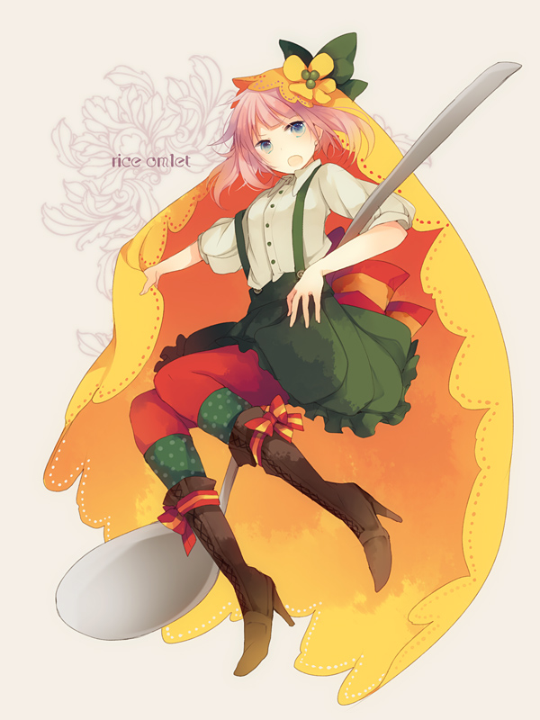 food, food_themed_clothes, green_eyes, high_heels, kneehighs, omurice, open_mouth, original