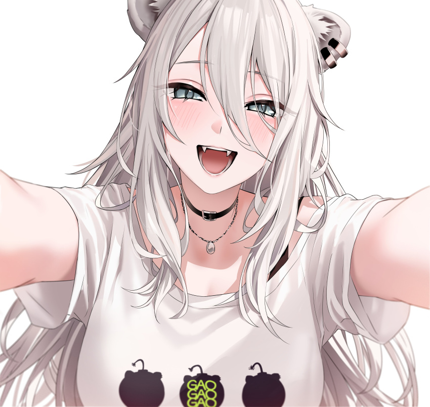 1girl, absurdres, animal_ear_fluff, animal_ear_piercing, animal_ears, black_collar, blush, collar, commentary, grey_eyes, grey_hair, hair_between_eyes, highres, hololive, incoming_hug, jewelry, lion_ears, lion_girl, long_hair, looking_at_viewer, official_alternate_costume, open_mouth, pendant, shirt, shishiro_botan, shishiro_botan_(casual), short_sleeves, simple_background, solo, virtual_youtuber, wanne, white_background, white_shirt