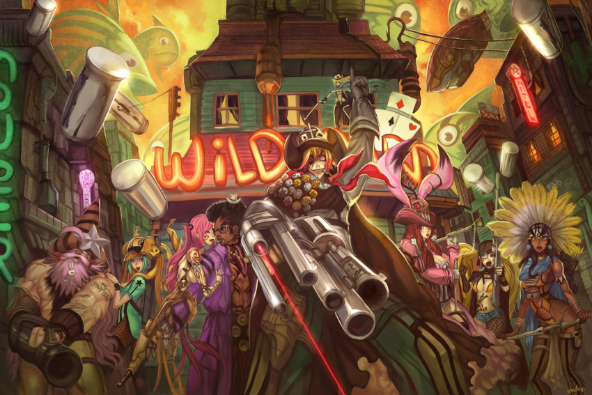 ahoge, airship, arm_up, asymmetrical_clothes, asymmetrical_clothing, badge, beard, bird, black_hair, blonde_hair, bodysuit, bow, bra, breasts, bustier, cape, card, cards, cigarette, cleavage, cowboy_hat, earrings, everyone, eyepatch, facial_hair, feathers, fingerless_gloves, fish, fishnet_pantyhose, fishnets, flying_fish, glasses, gloves, grin, gun, hat, hat_over_eyes, headdress, hector_enrique_sevilla_lujan, horns, jewelry, large_breasts, laser_sight, lingerie, lipstick, long_barrel, long_hair, makeup, midriff, muscle, mustache, native_american_headdress, necklace, neon_lights, nunchaku, open_mouth, original, panties, pantyhose, piercing, pink_eyes, pink_hair, pointing, pointing_to_the_sky, pointing_up, red_eyes, red_hair, redhead, revolver, rifle, scarf, short_shorts, shorts, smile, star, tattoo, thigh-highs, thighhighs, underwear, warbonnet, weapon, western