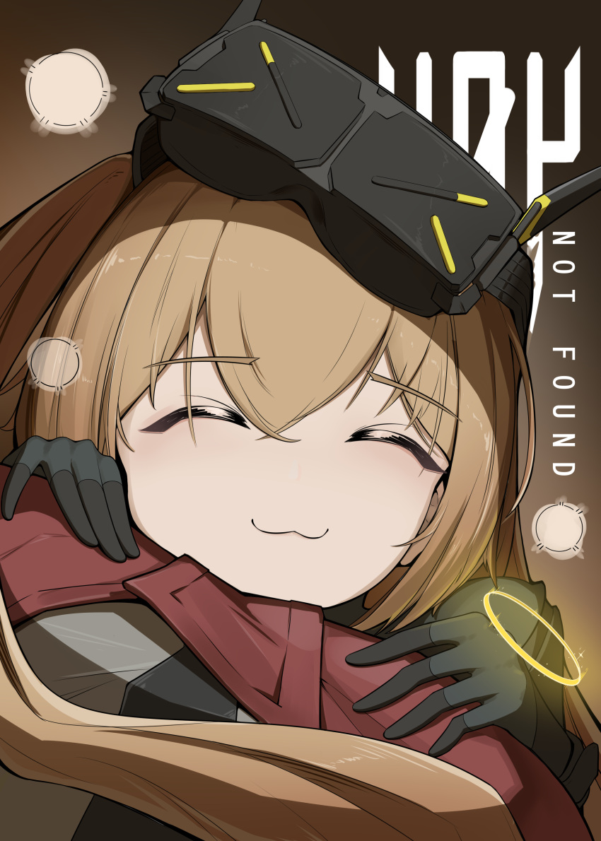 1girl, :3, absurdres, black_gloves, brown_background, brown_hair, chinese_commentary, closed_eyes, closed_mouth, commentary_request, covenant_halo_(girls'_frontline_2), english_text, girls'_frontline_2:_exilium, girls_frontline, gloves, head-mounted_display, highres, lenna_(girls'_frontline_2), long_hair, simple_background, ump9_(girls'_frontline), zhupai