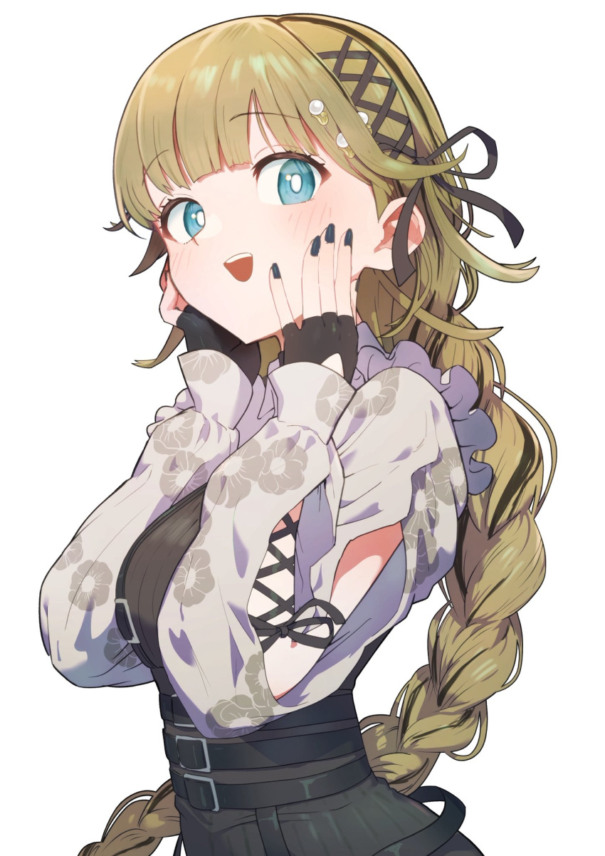 1girl, arm_ribbon, belt, black_belt, black_dress, black_gloves, black_nails, blonde_hair