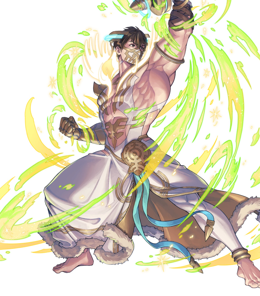 1boy, attack, barefoot, brown_eyes, brown_hair, cosplay, deer_boy, dumbbell