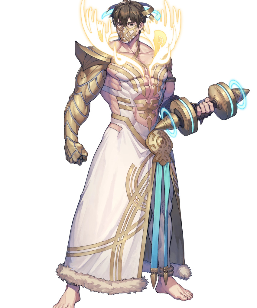 1boy, barefoot, brown_eyes, brown_hair, cosplay, deer_boy, dumbbell, eikthyrnir_(fire_emblem)