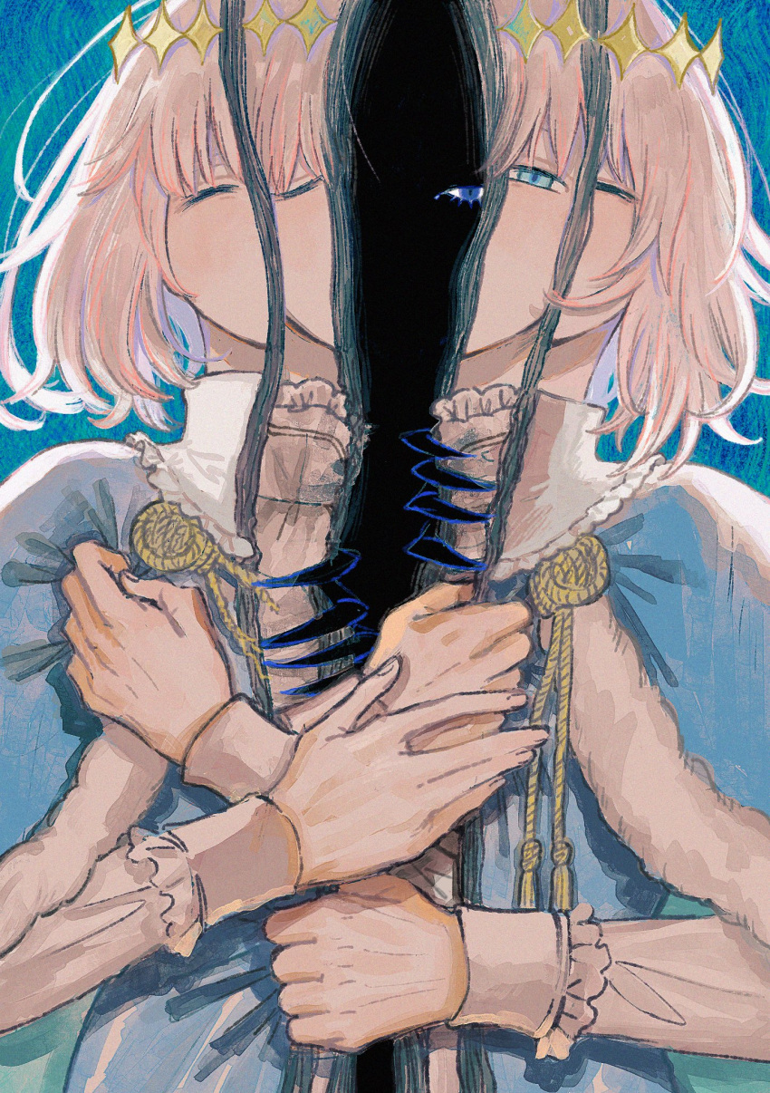 3boys, arthropod_boy, arthropod_limbs, blue_background, blue_cape, blue_eyes, blue_robe, cape