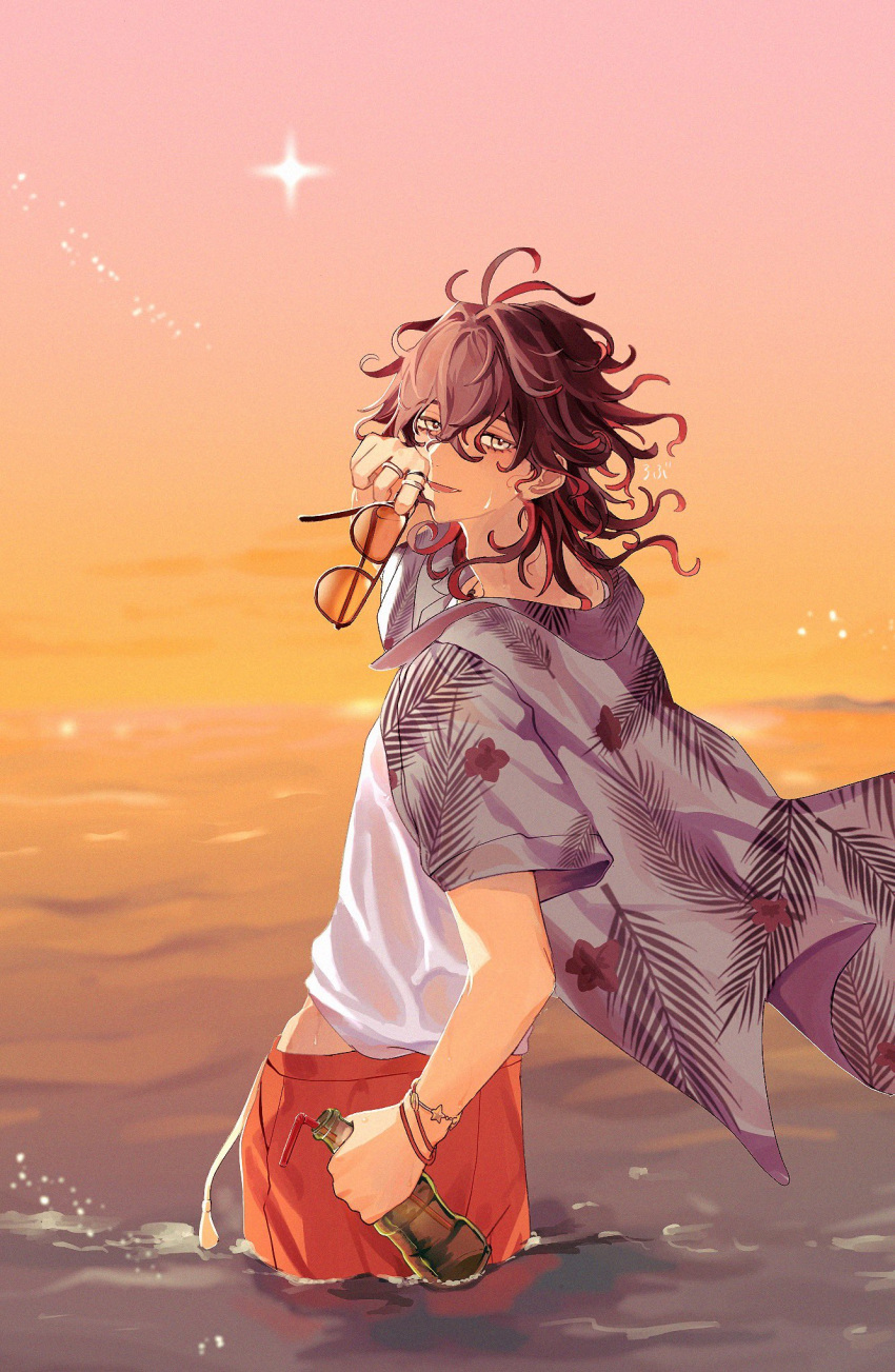 1boy, black_hair, bottle, bracelet, commentary, crossed_bangs, dante_alighieri_(fate), dante_alighieri_(summer_inferno)_(fate)